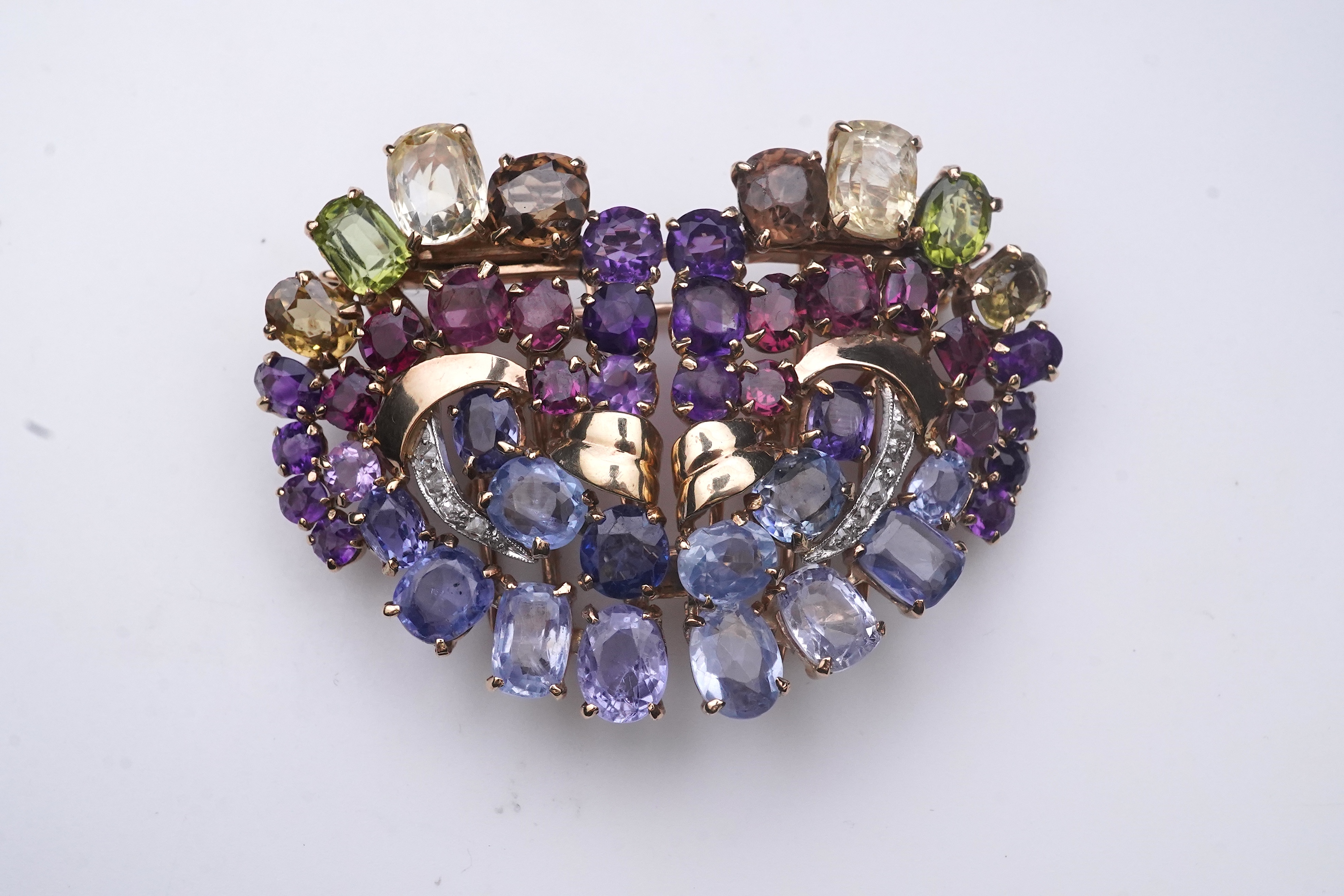 A Retro sapphire and multi-gem double clip brooch, circa 1940